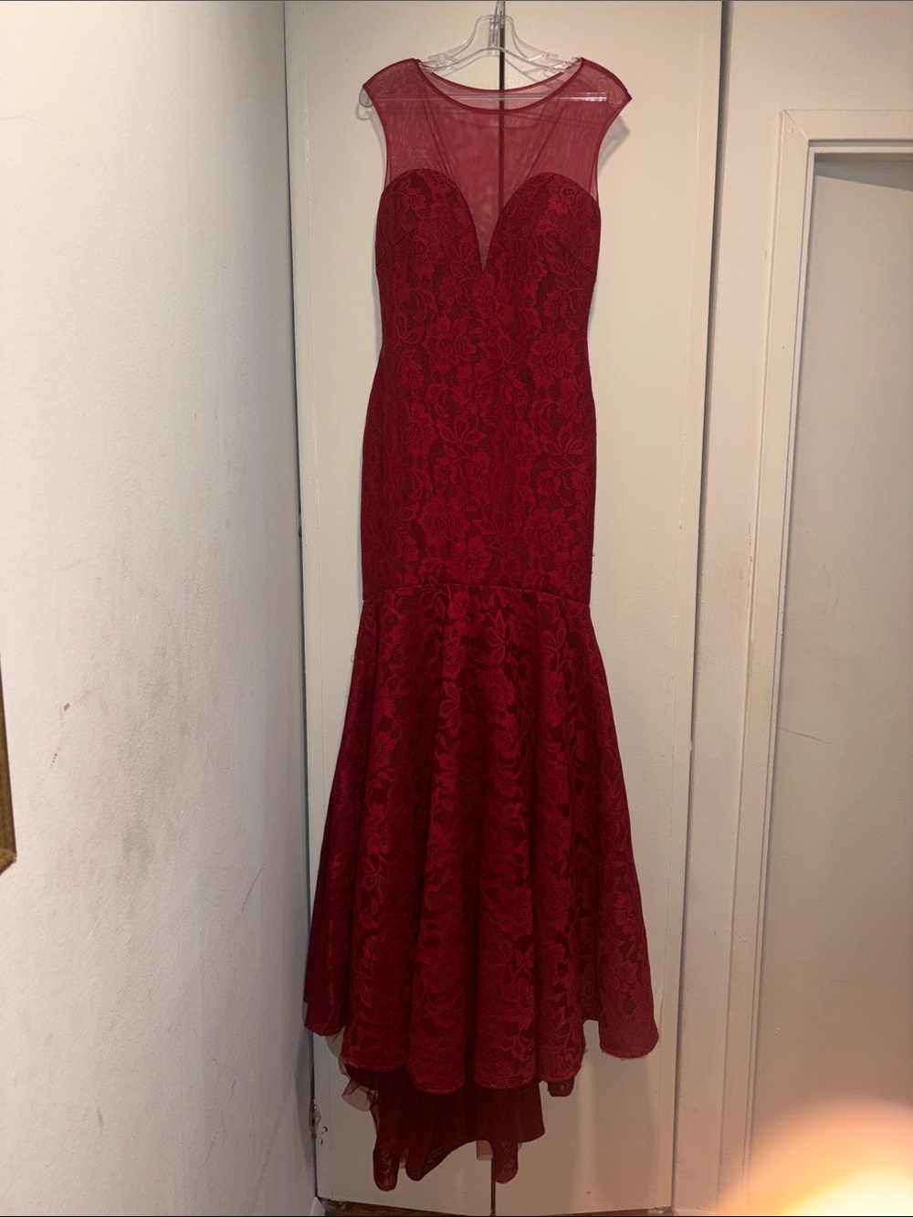 Clarisse Red Lace Mermaid Gown with Illusion Yoke